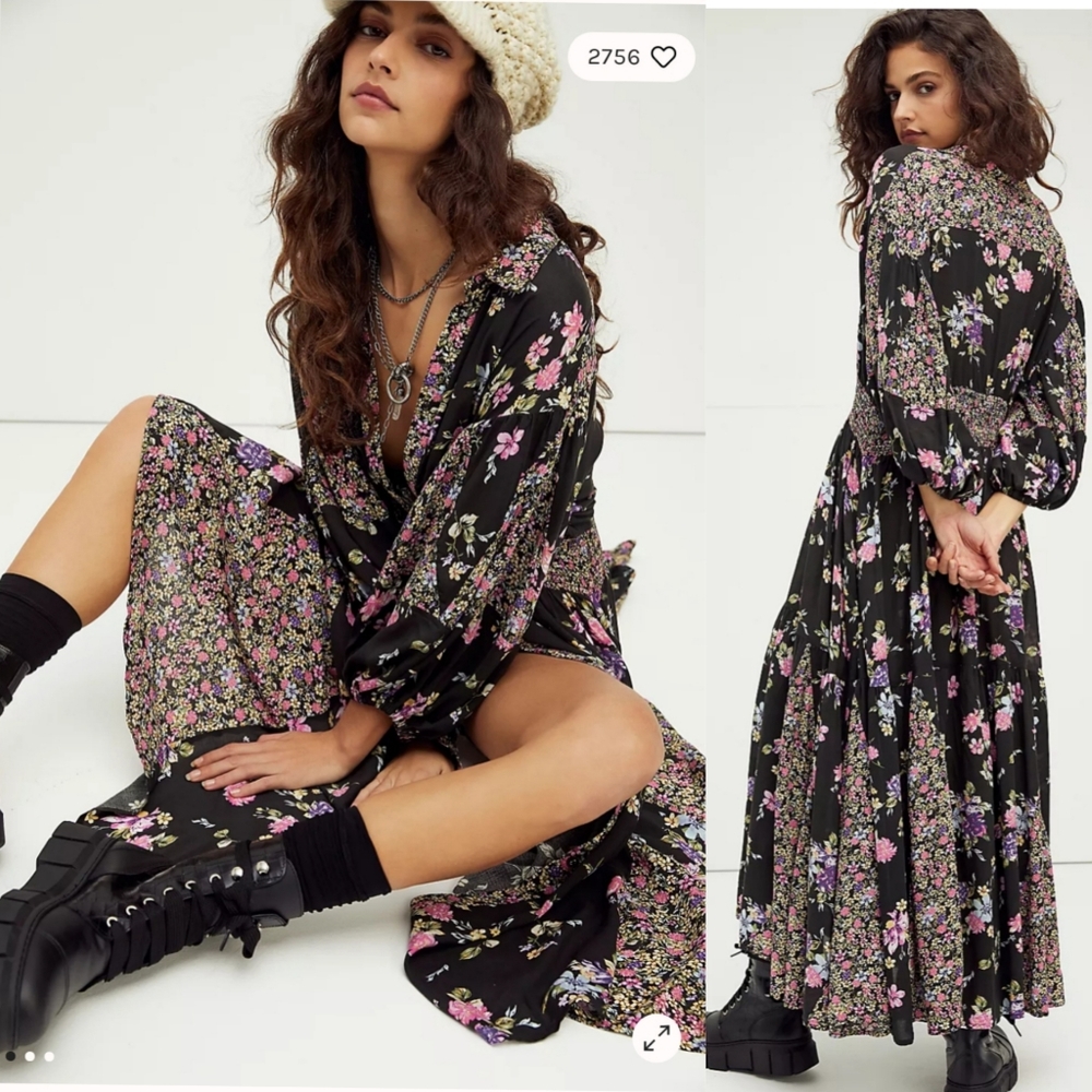 Free People Black Floral Maxi Dress with Pink and Purple Blossoms